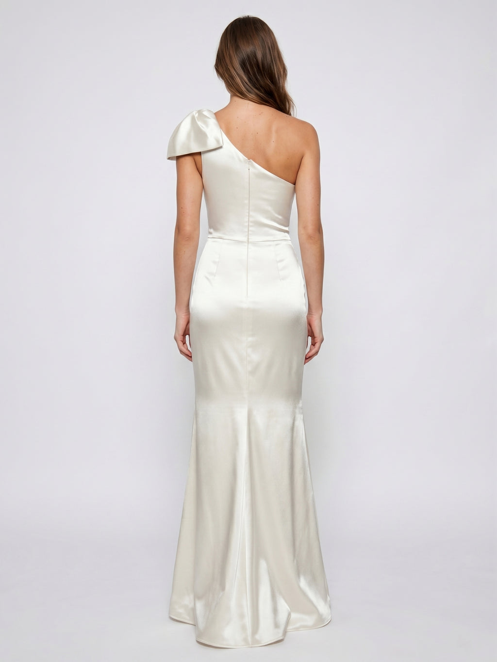 Ivory Satin Trumpet One Shoulder Back Zip Floor-Length Bridesmaid Dress with Bow Detail