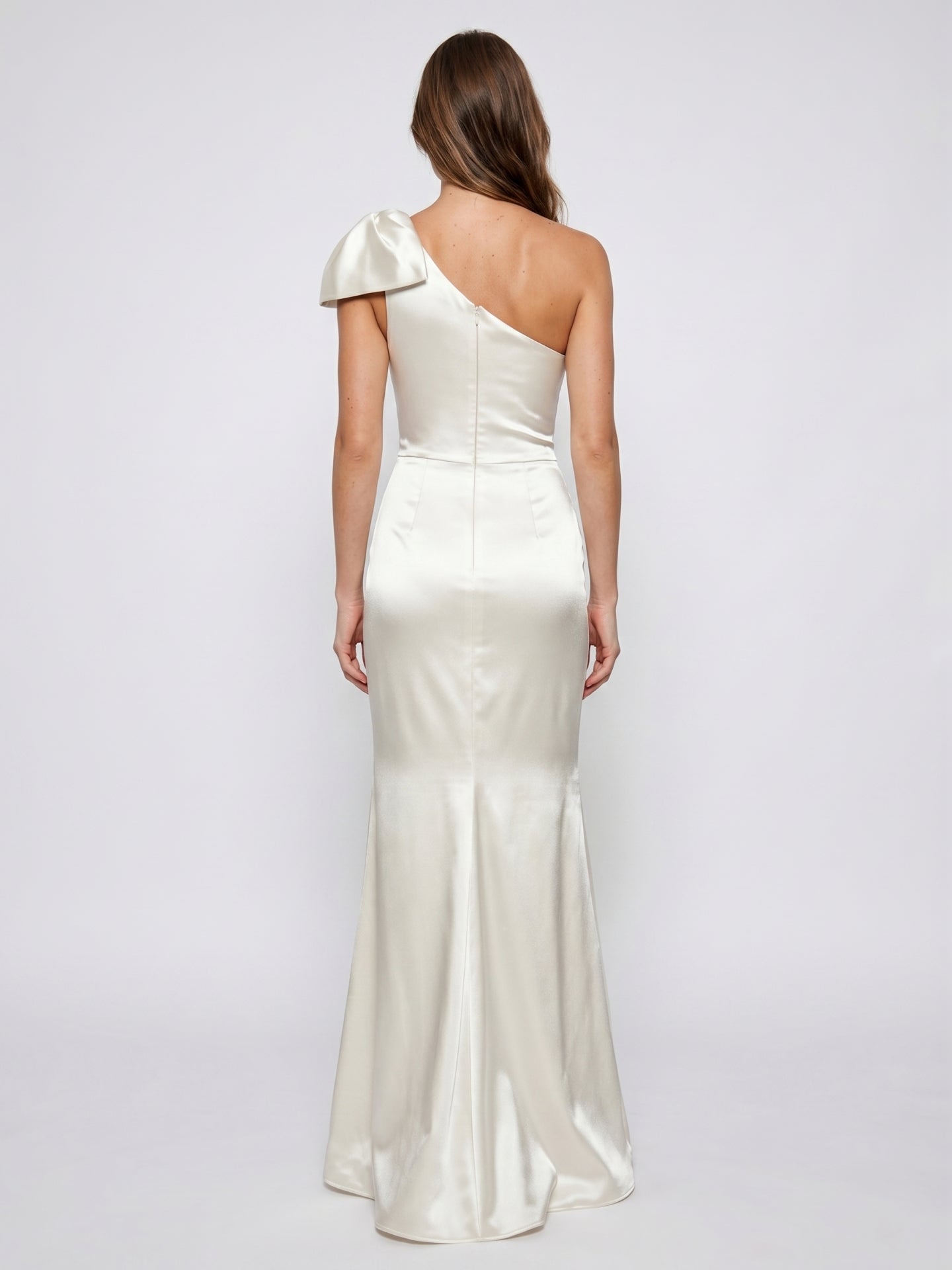 Ivory Satin Trumpet One Shoulder Back Zip Floor-Length Bridesmaid Dress with Bow Detail