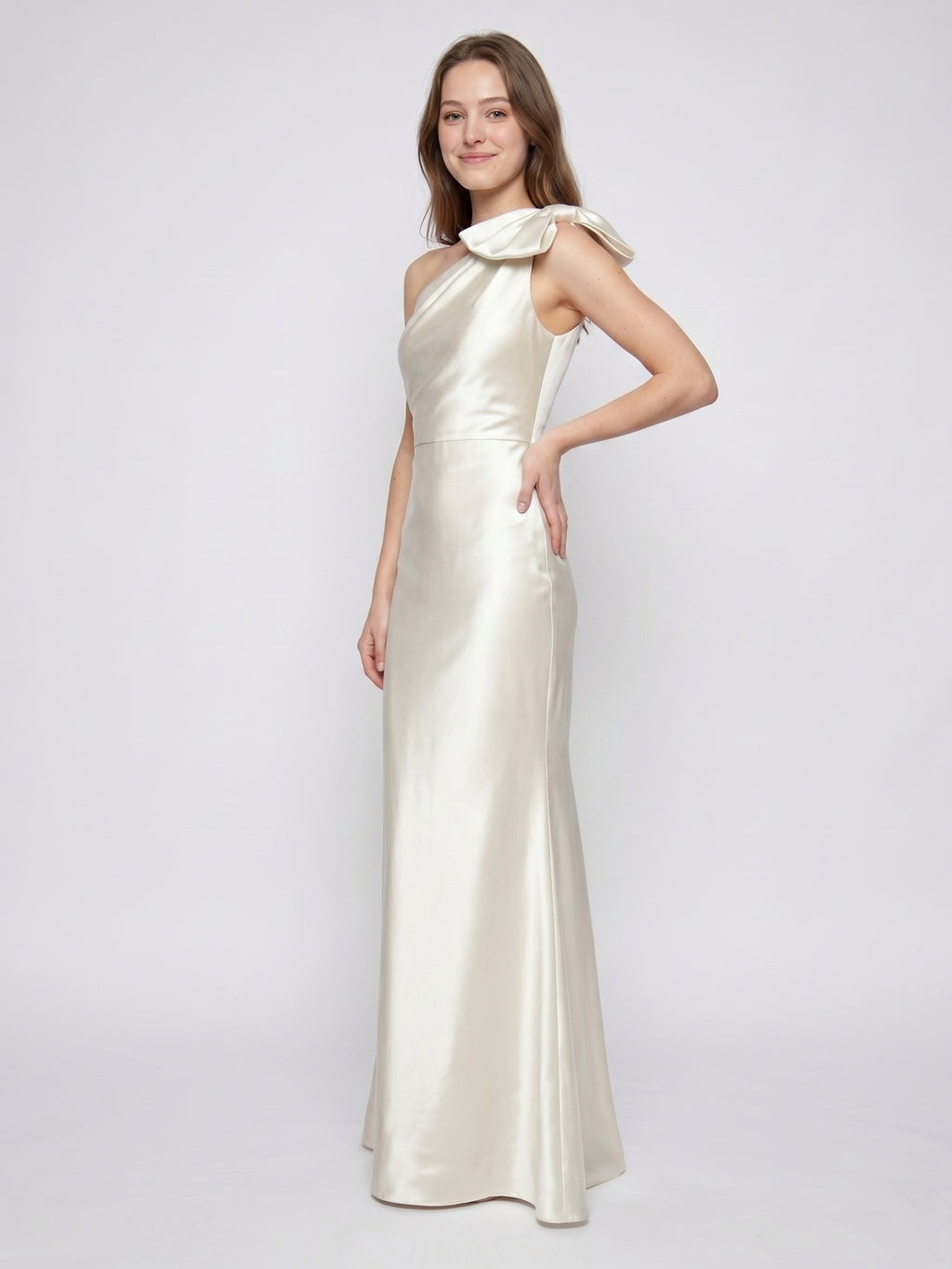 Ivory Satin Trumpet One Shoulder Back Zip Floor-Length Bridesmaid Dress with Bow Detail