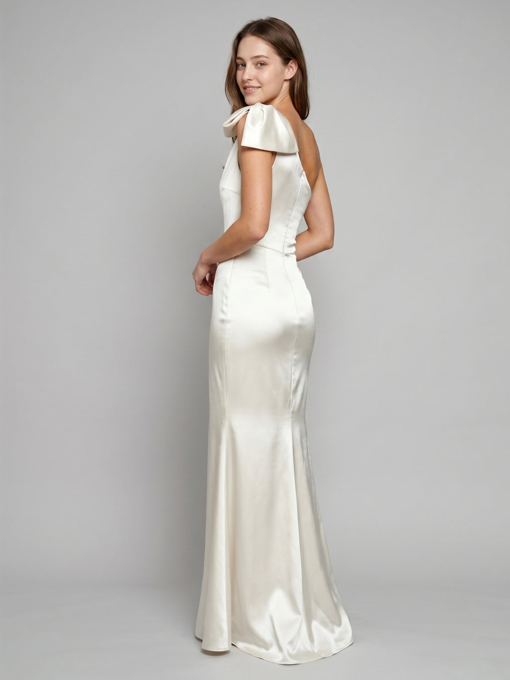 Ivory Satin Trumpet One Shoulder Back Zip Floor-Length Bridesmaid Dress with Bow Detail