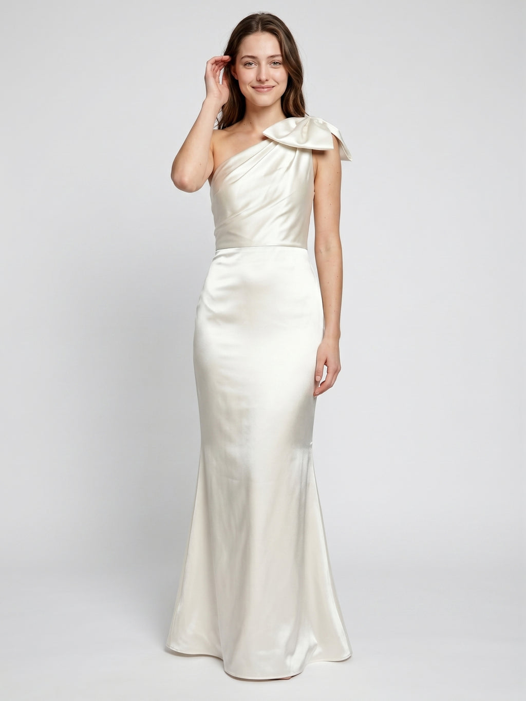 Ivory Satin Trumpet One Shoulder Back Zip Floor-Length Bridesmaid Dress with Bow Detail