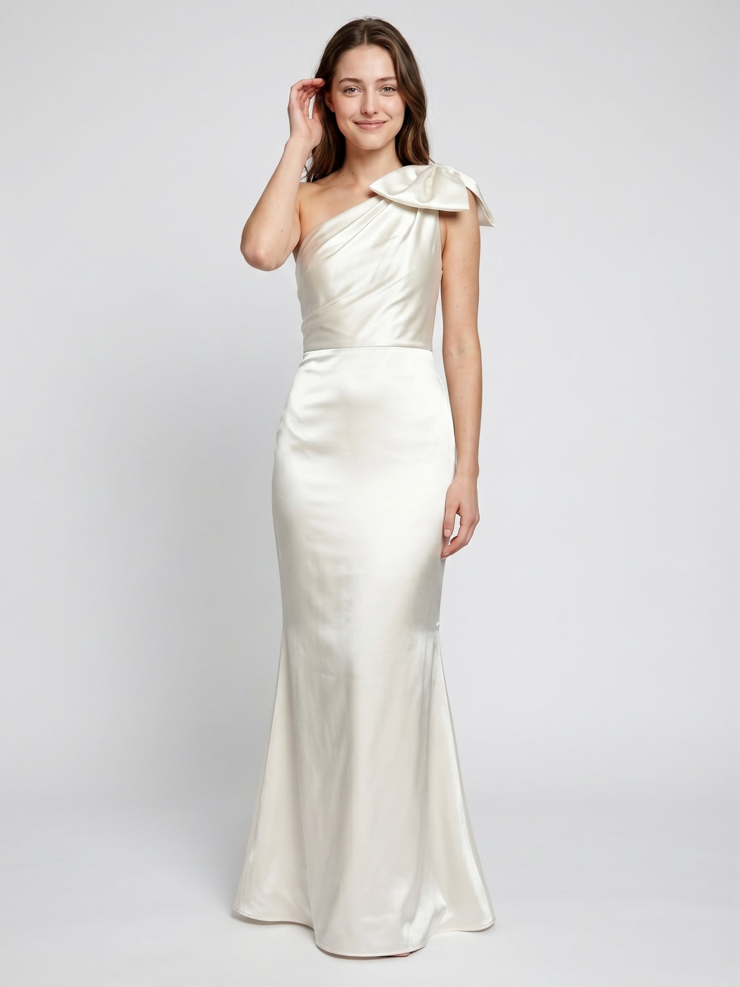 Ivory Satin Trumpet One Shoulder Back Zip Floor-Length Bridesmaid Dress with Bow Detail