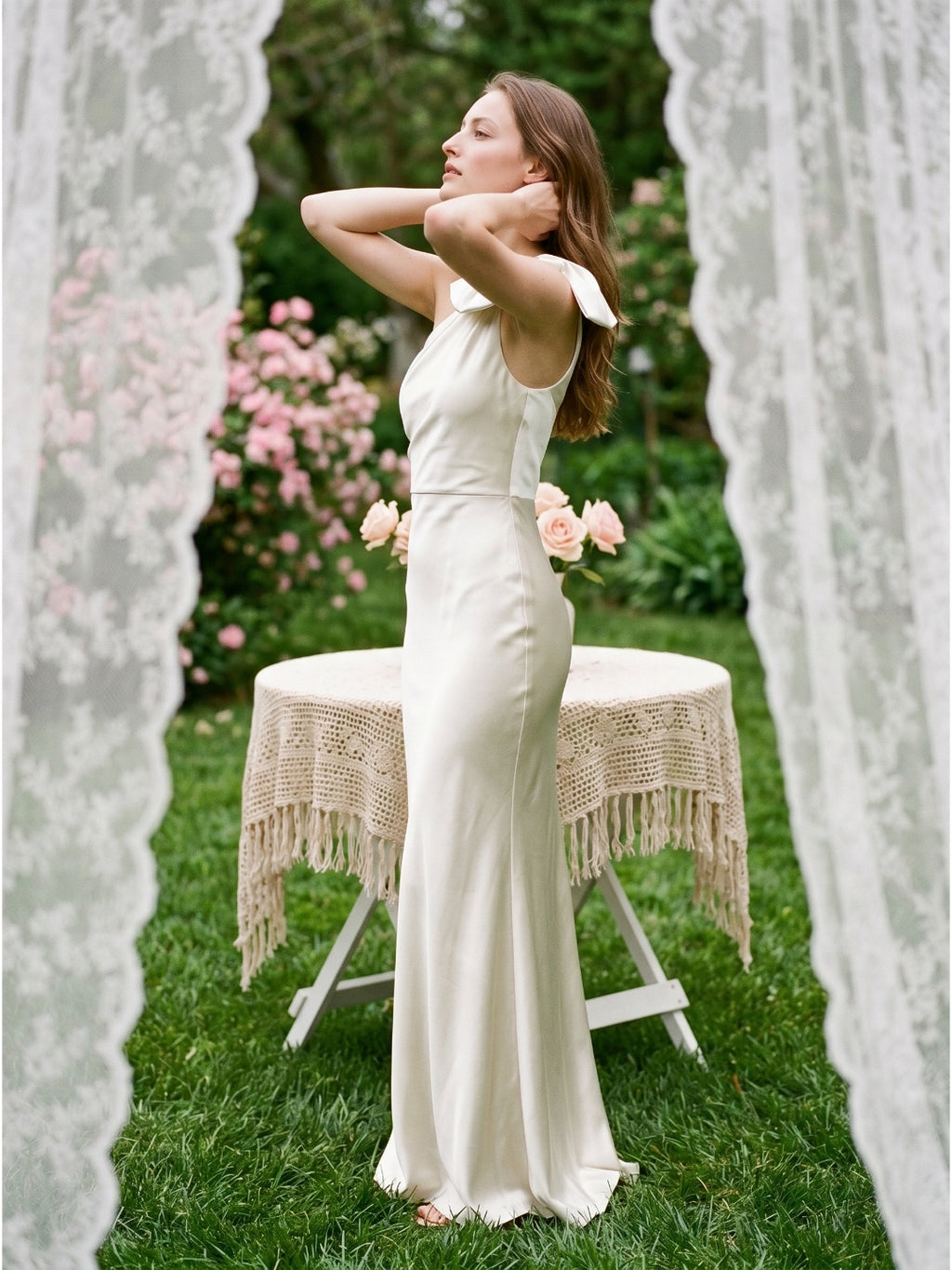 Ivory Satin Trumpet One Shoulder Back Zip Floor-Length Bridesmaid Dress with Bow Detail