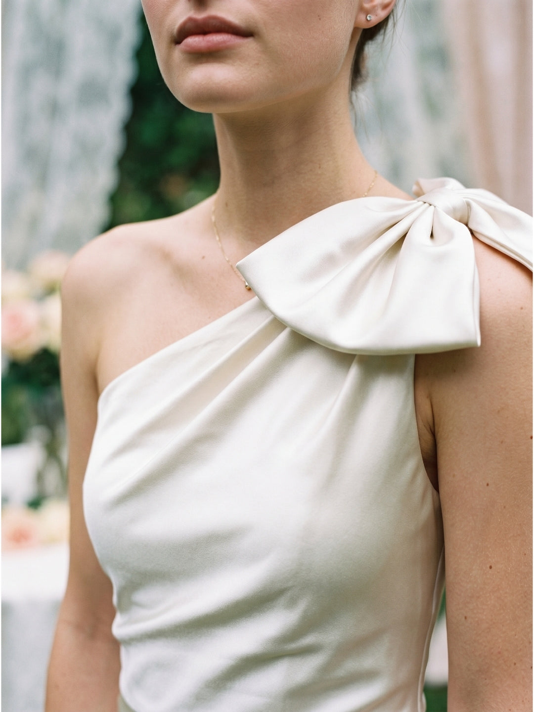 Ivory Satin Trumpet One Shoulder Back Zip Floor-Length Bridesmaid Dress with Bow Detail
