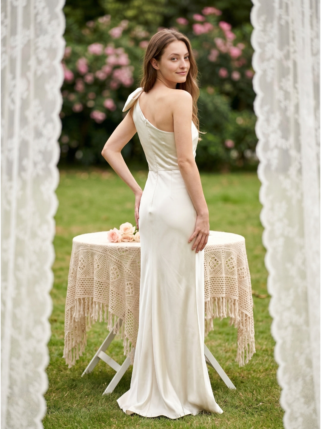 Ivory Satin Trumpet One Shoulder Back Zip Floor-Length Bridesmaid Dress with Bow Detail