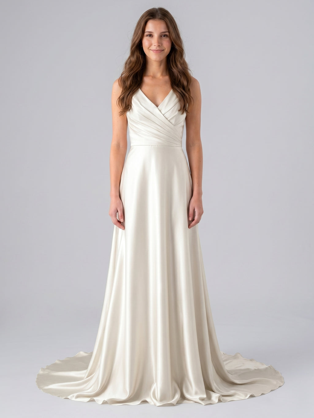 Ivory Satin V-Neck Back Zip Floor-Length Bridesmaid Dress