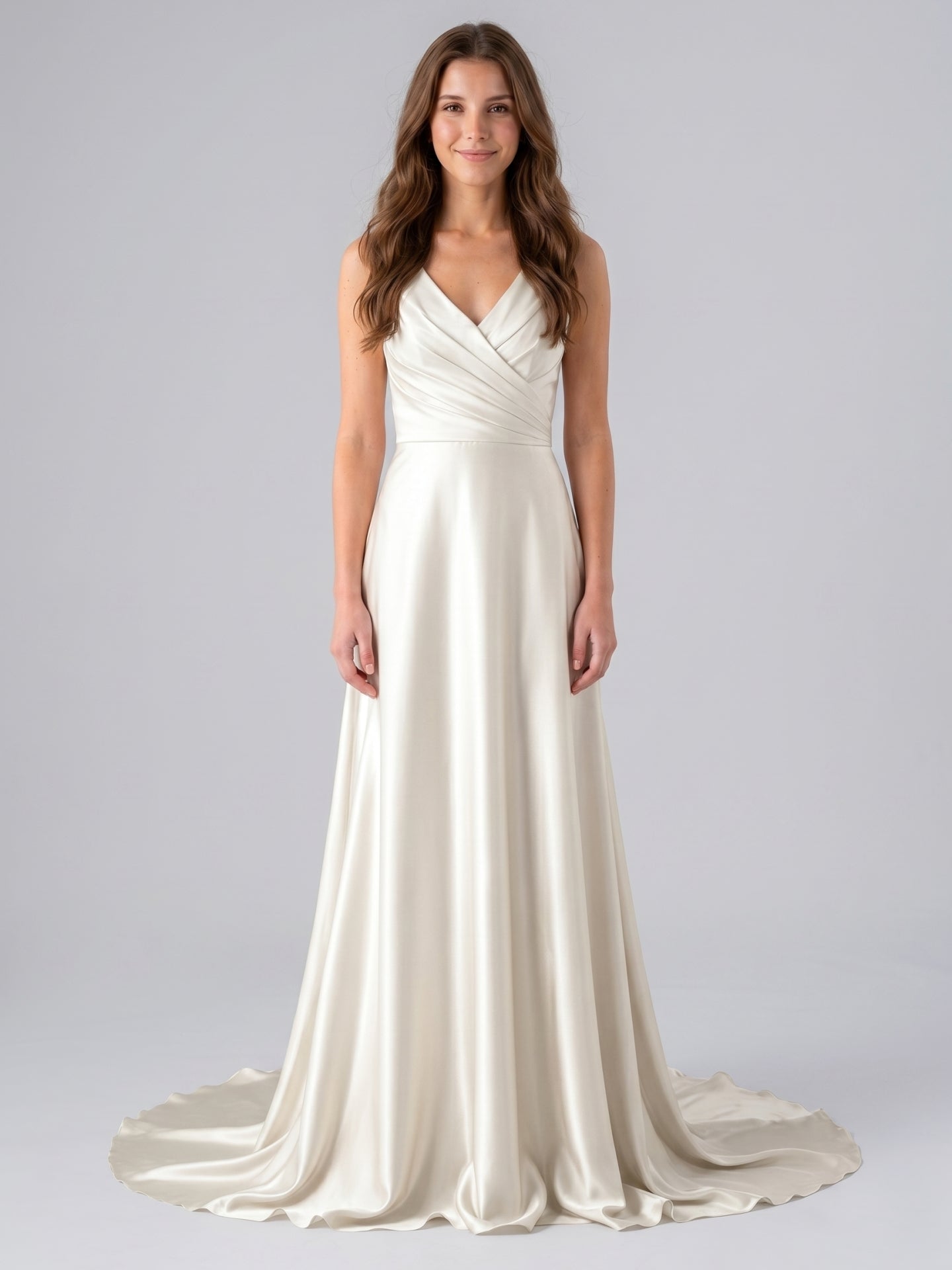Ivory Satin V-Neck Back Zip Floor-Length Bridesmaid Dress