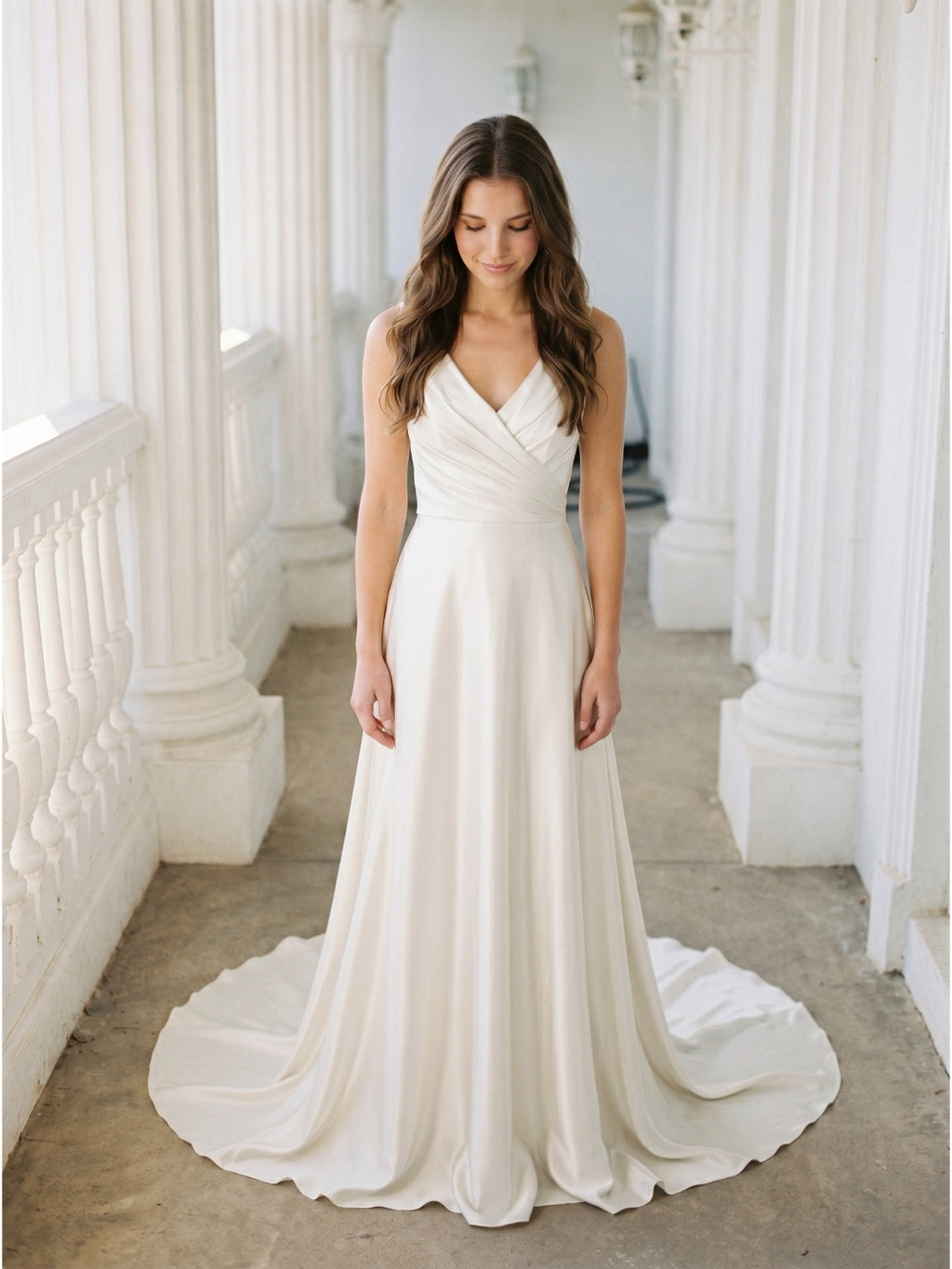 Ivory Satin V-Neck Back Zip Floor-Length Bridesmaid Dress