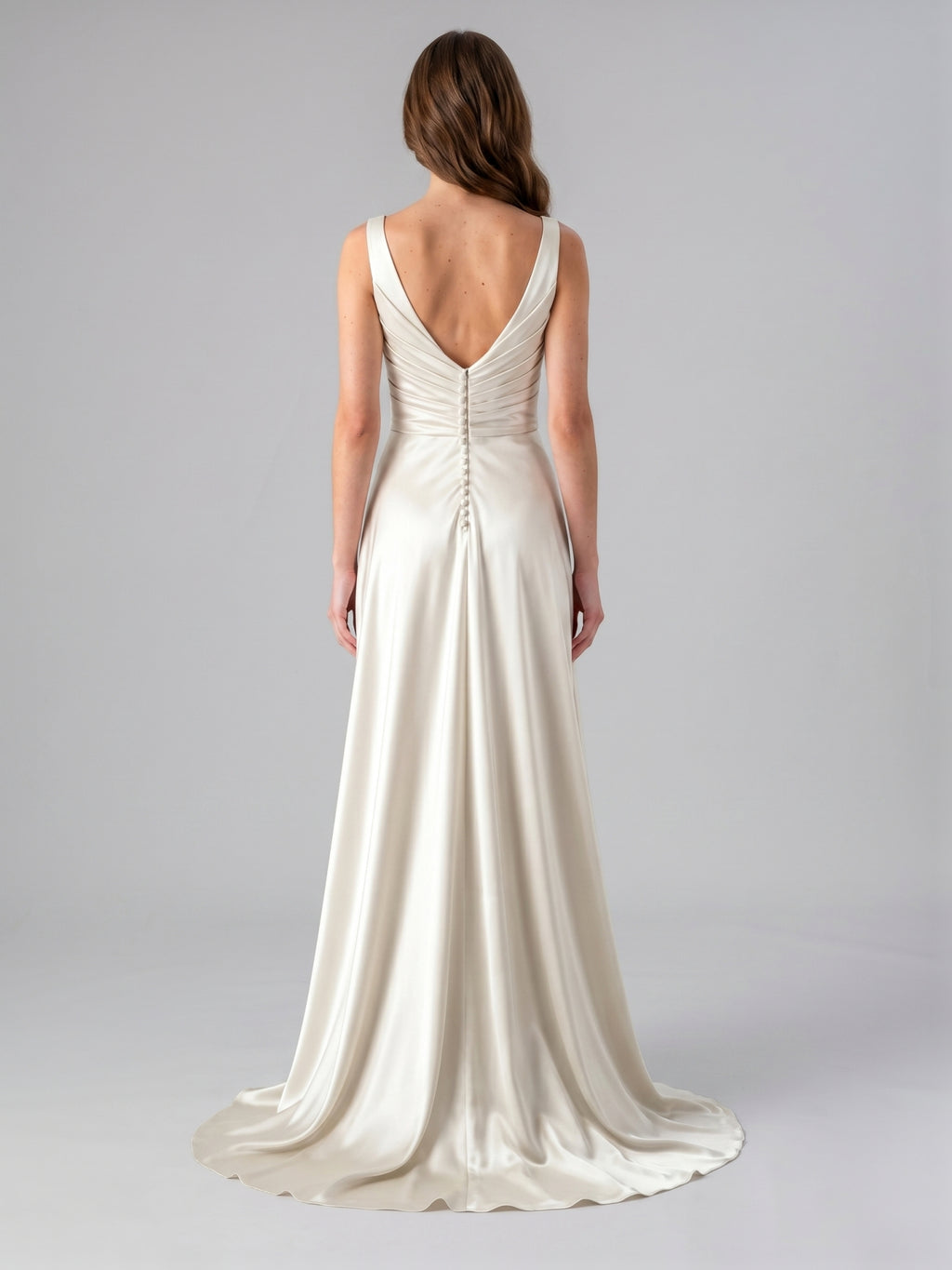 Ivory Satin V-Neck Back Zip Floor-Length Bridesmaid Dress