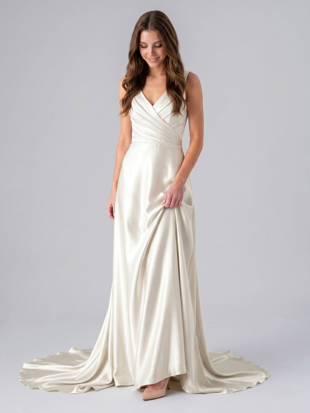 Ivory Satin V-Neck Back Zip Floor-Length Bridesmaid Dress