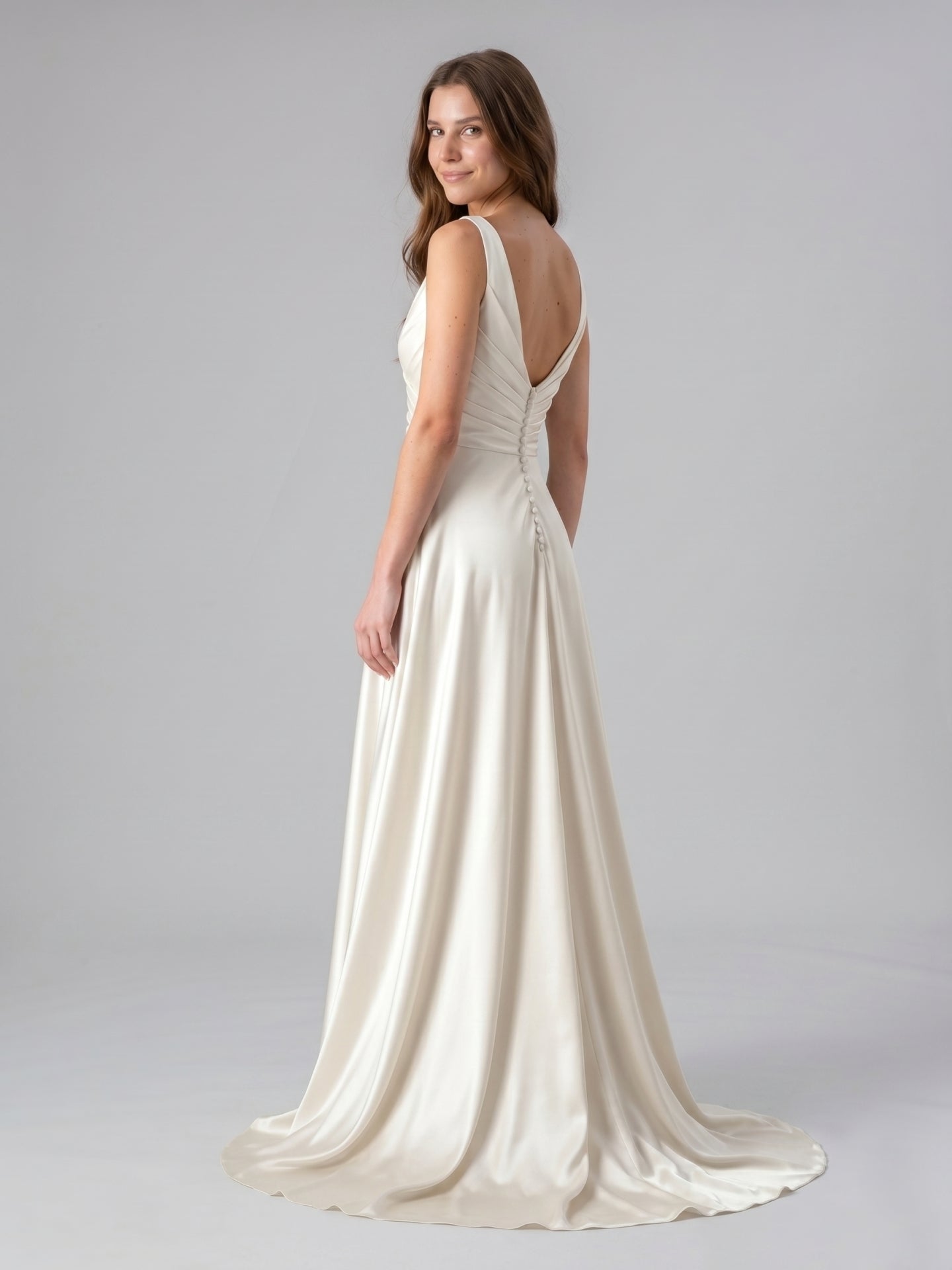 Ivory Satin V-Neck Back Zip Floor-Length Bridesmaid Dress