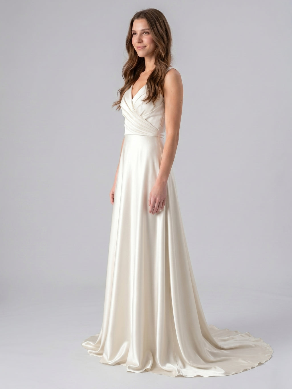 Ivory Satin V-Neck Back Zip Floor-Length Bridesmaid Dress