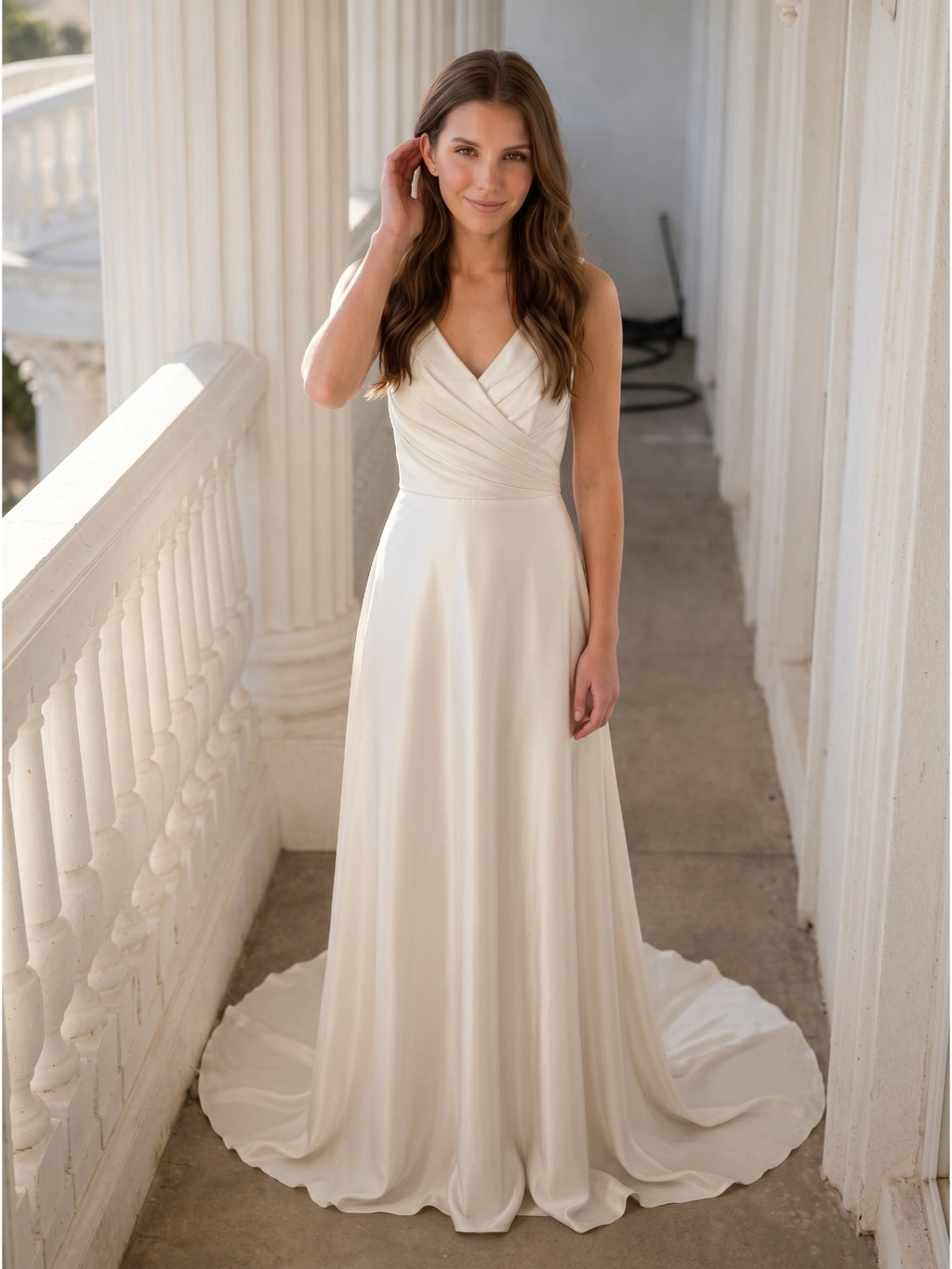 Ivory Satin V-Neck Back Zip Floor-Length Bridesmaid Dress
