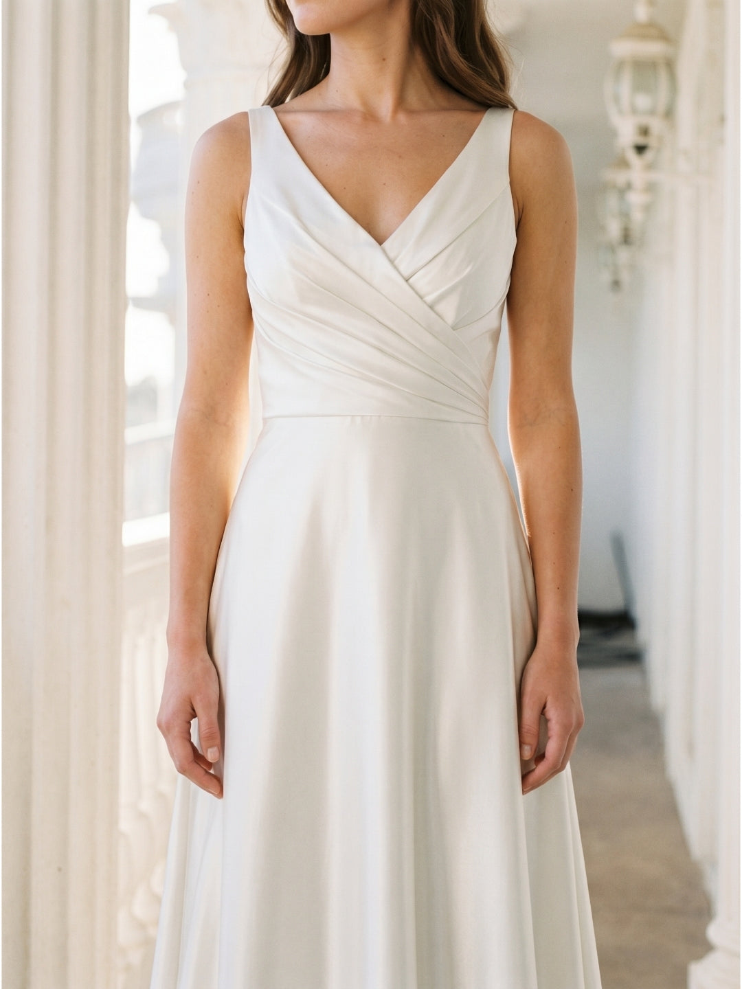 Ivory Satin V-Neck Back Zip Floor-Length Bridesmaid Dress