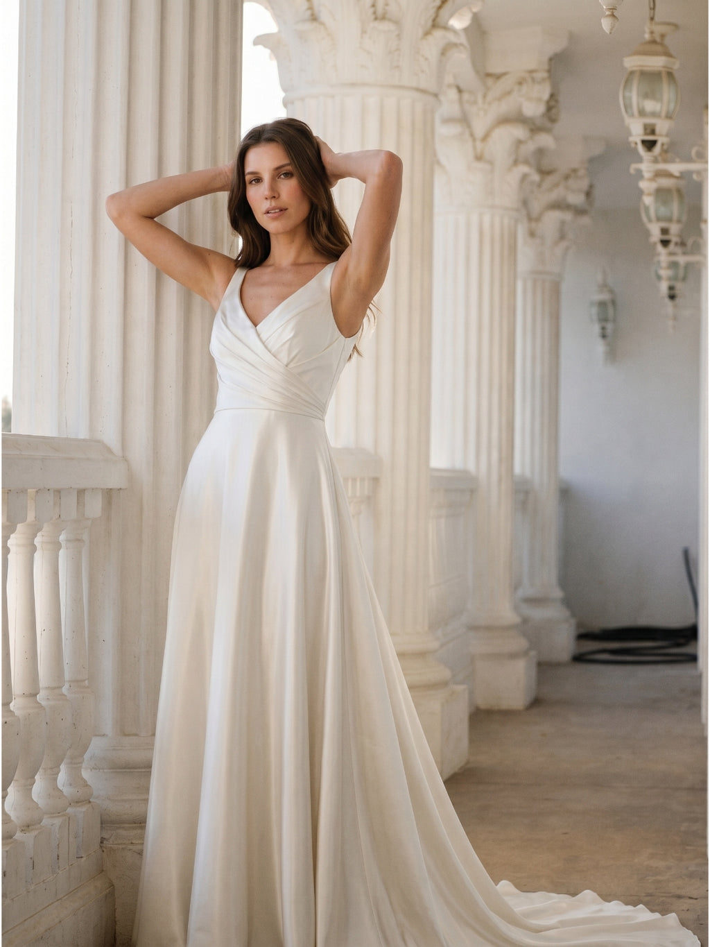 Ivory Satin V-Neck Back Zip Floor-Length Bridesmaid Dress