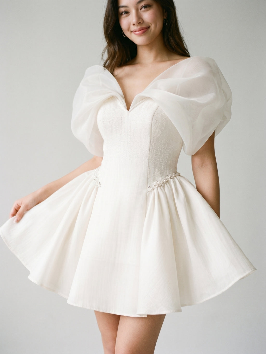 Ivory Stretch Crepe A-Line Off-Shoulder Criss-Cross Short Homecoming Dress with Pleating