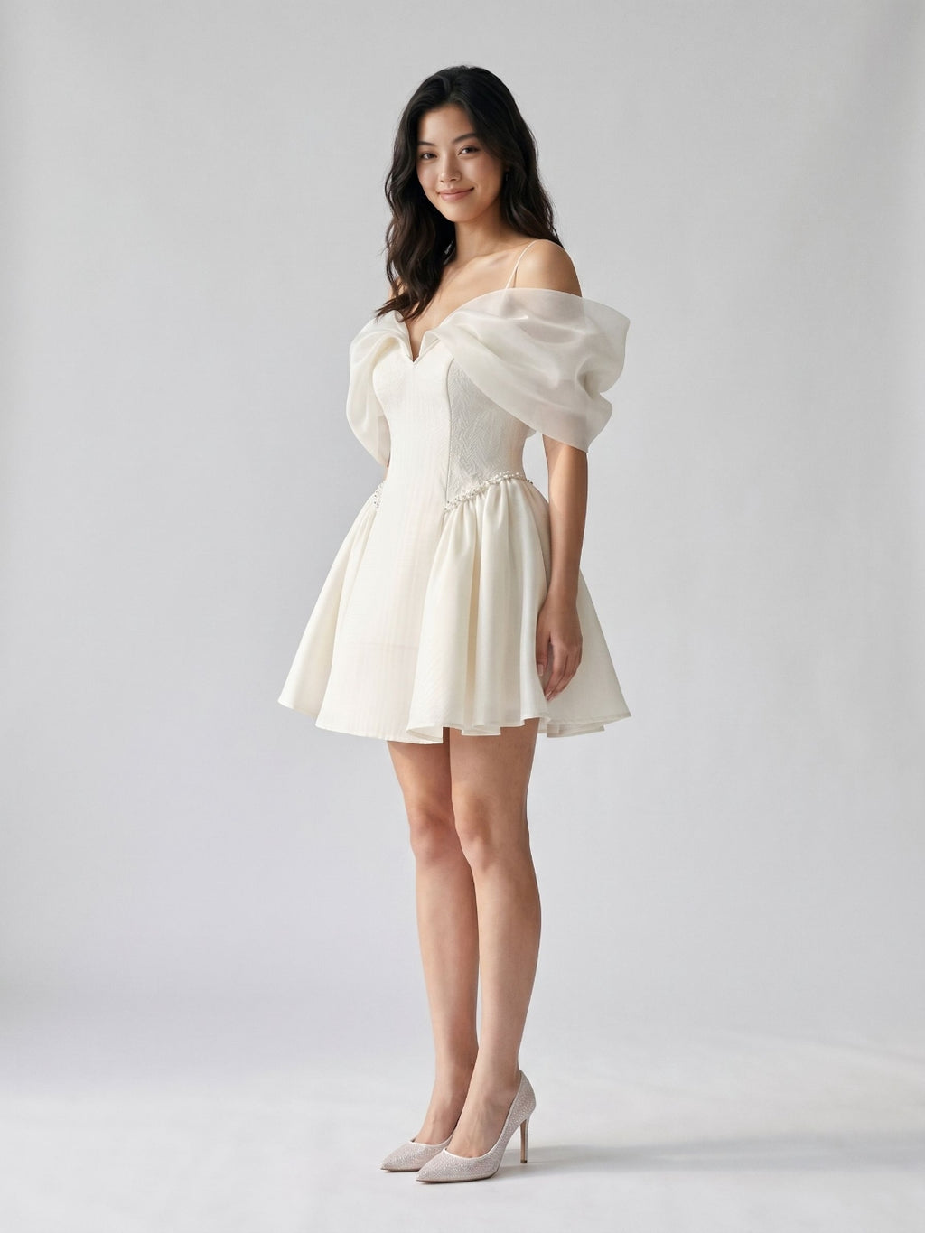 Ivory Stretch Crepe A-Line Off-Shoulder Criss-Cross Short Homecoming Dress with Pleating