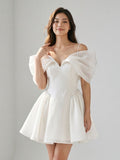 Ivory Stretch Crepe A-Line Off-Shoulder Criss-Cross Short Homecoming Dress with Pleating