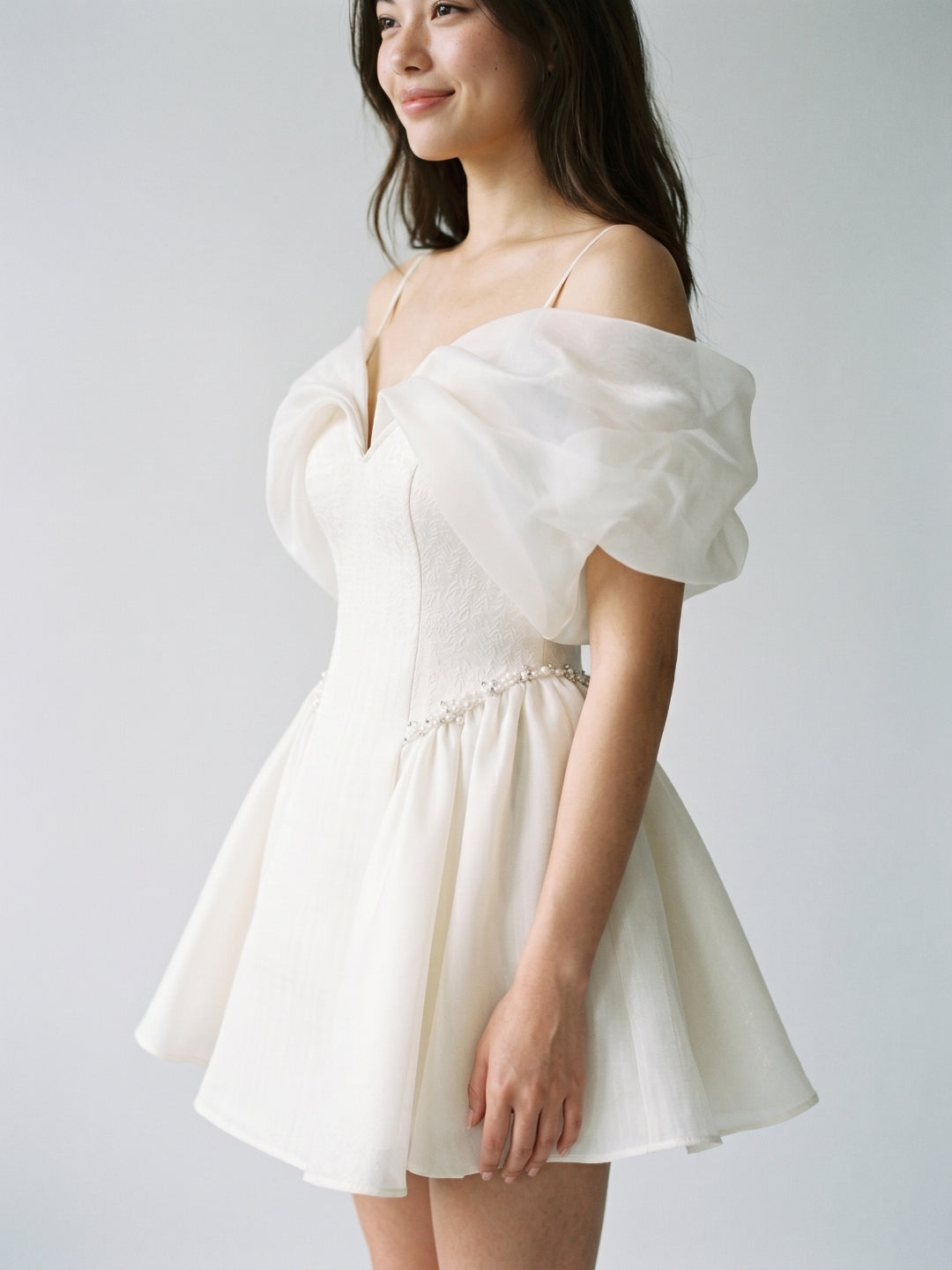 Ivory Stretch Crepe A-Line Off-Shoulder Criss-Cross Short Homecoming Dress with Pleating
