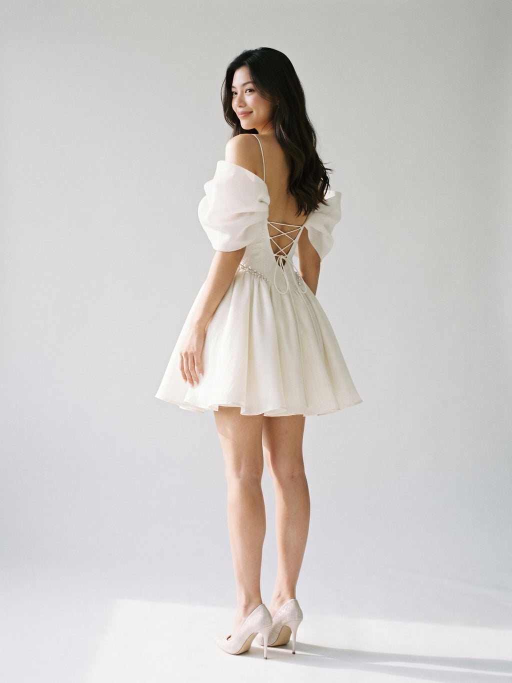 Ivory Stretch Crepe A-Line Off-Shoulder Criss-Cross Short Homecoming Dress with Pleating