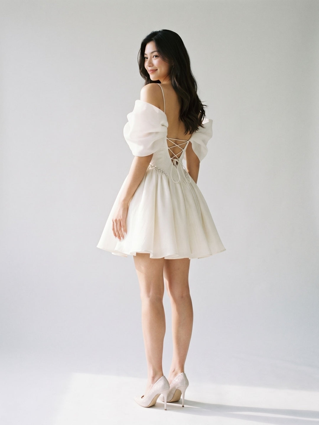Ivory Stretch Crepe A-Line Off-Shoulder Criss-Cross Short Homecoming Dress with Pleating