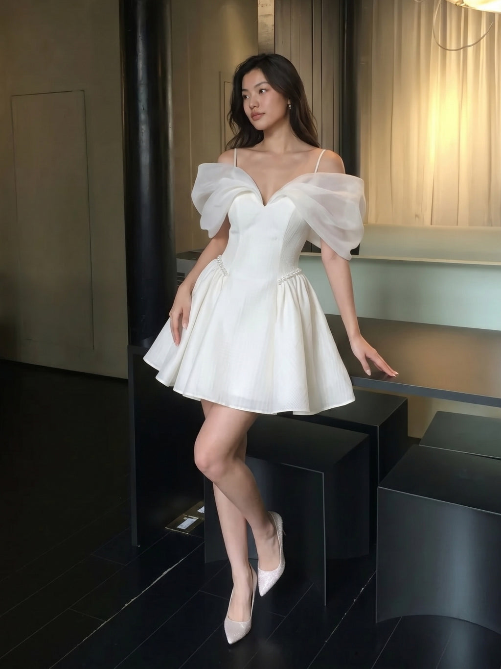 Ivory Stretch Crepe A-Line Off-Shoulder Criss-Cross Short Homecoming Dress with Pleating