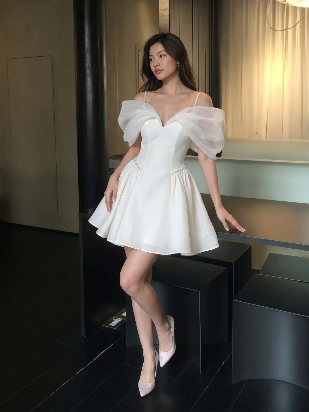 Ivory Stretch Crepe A-Line Off-Shoulder Criss-Cross Short Homecoming Dress with Pleating