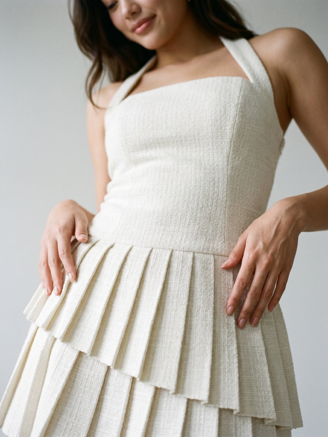 Ivory Stretch Knit A-Line Halter Neckline Side Zip Mini Homecoming Dress with Pleats