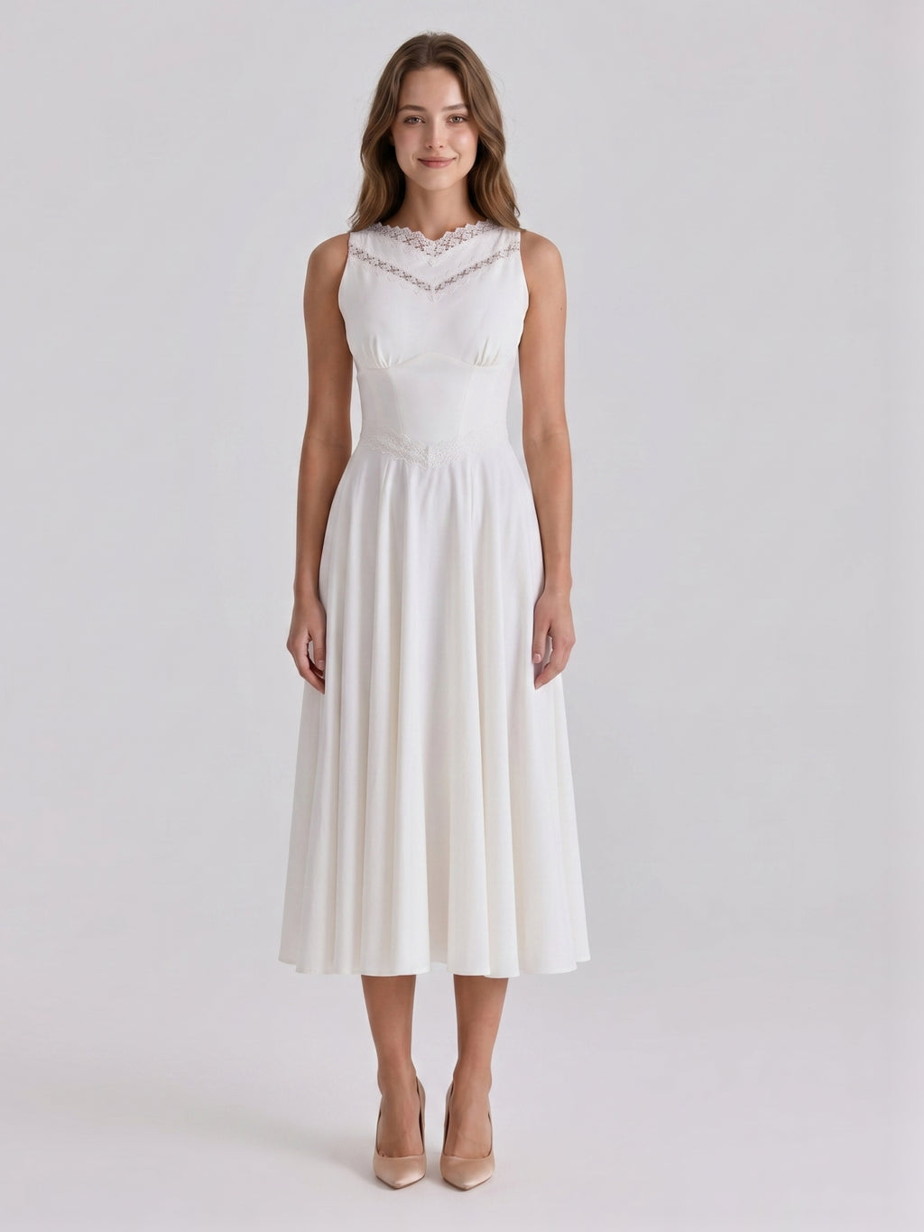 Ivory Stretch Knit A-Line V-Neck Back Zip Tea-Length Bridesmaid Dress