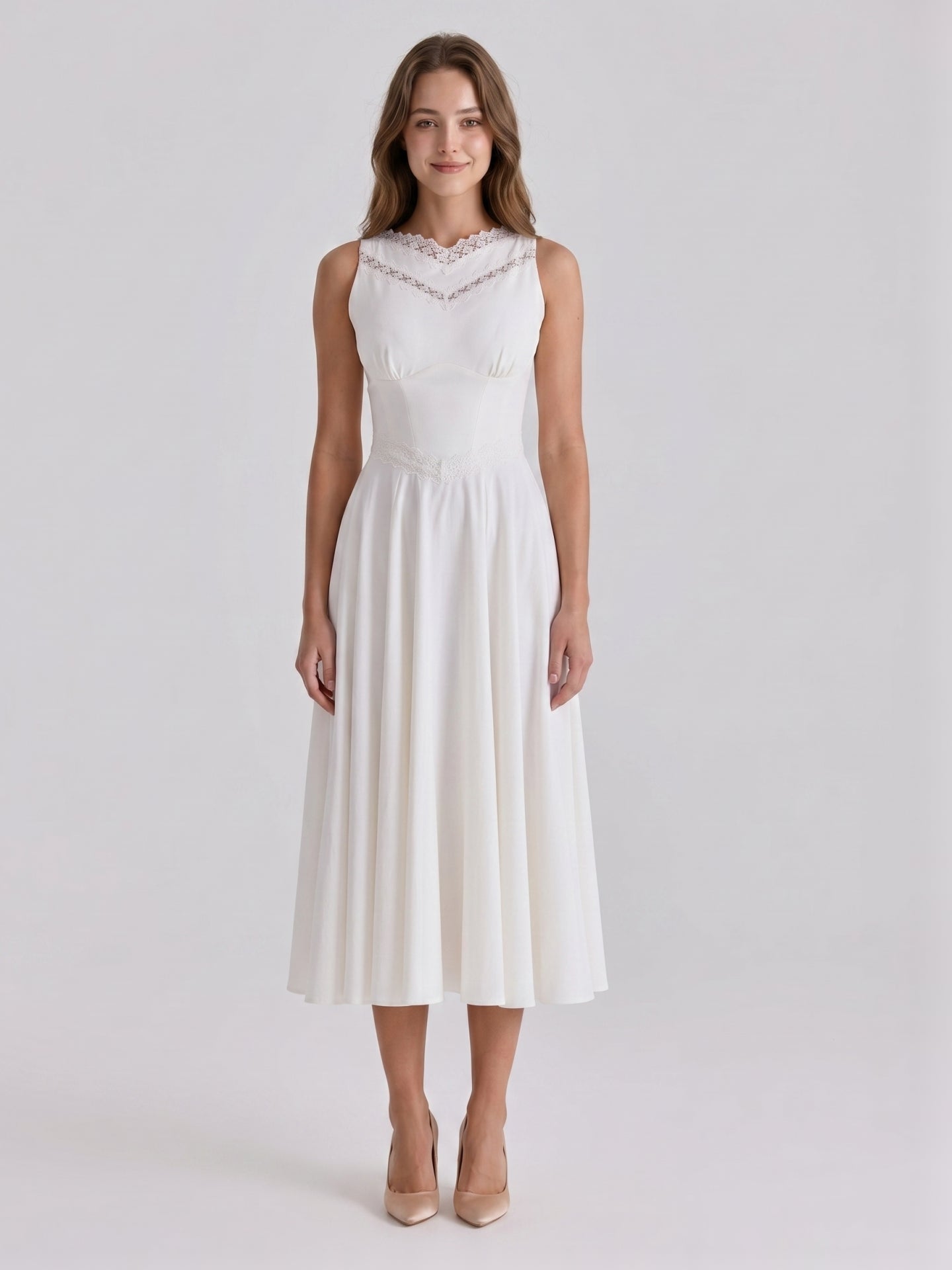 Ivory Stretch Knit A-Line V-Neck Back Zip Tea-Length Bridesmaid Dress