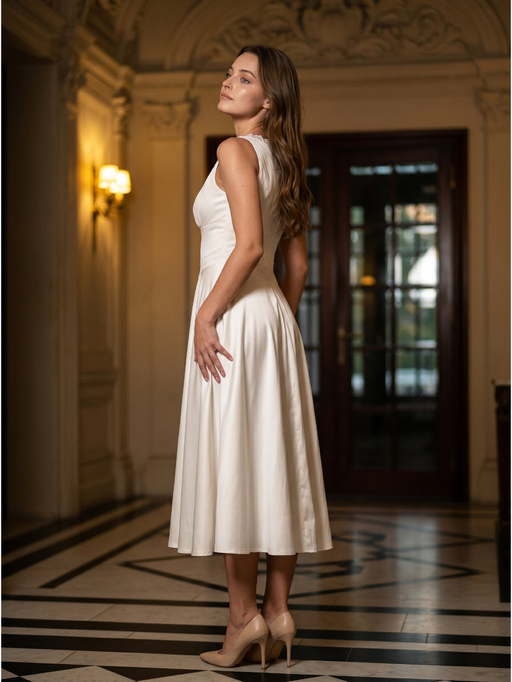 Ivory Stretch Knit A-Line V-Neck Back Zip Tea-Length Bridesmaid Dress