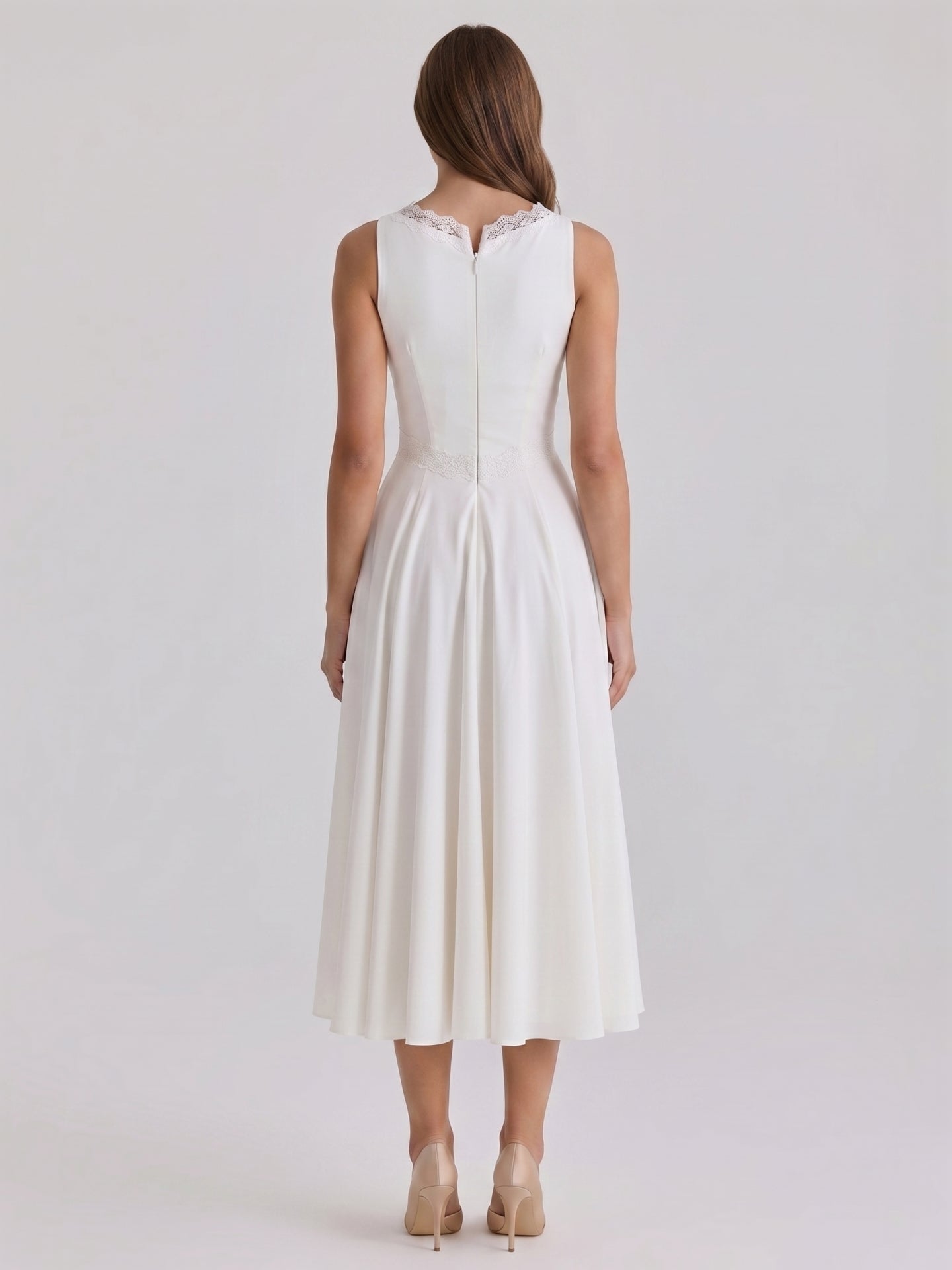 Ivory Stretch Knit A-Line V-Neck Back Zip Tea-Length Bridesmaid Dress