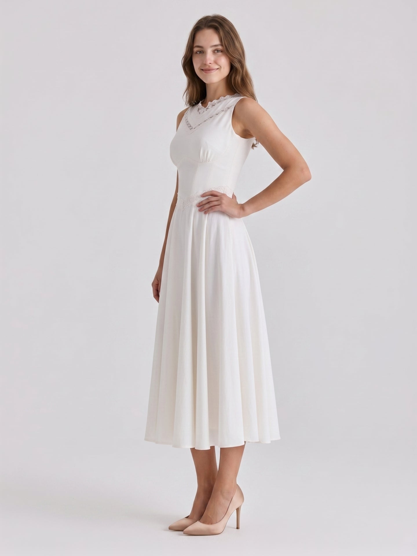 Ivory Stretch Knit A-Line V-Neck Back Zip Tea-Length Bridesmaid Dress