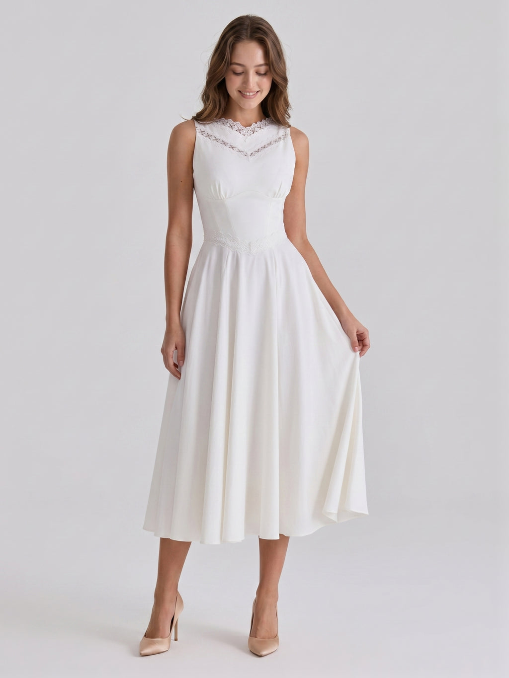 Ivory Stretch Knit A-Line V-Neck Back Zip Tea-Length Bridesmaid Dress