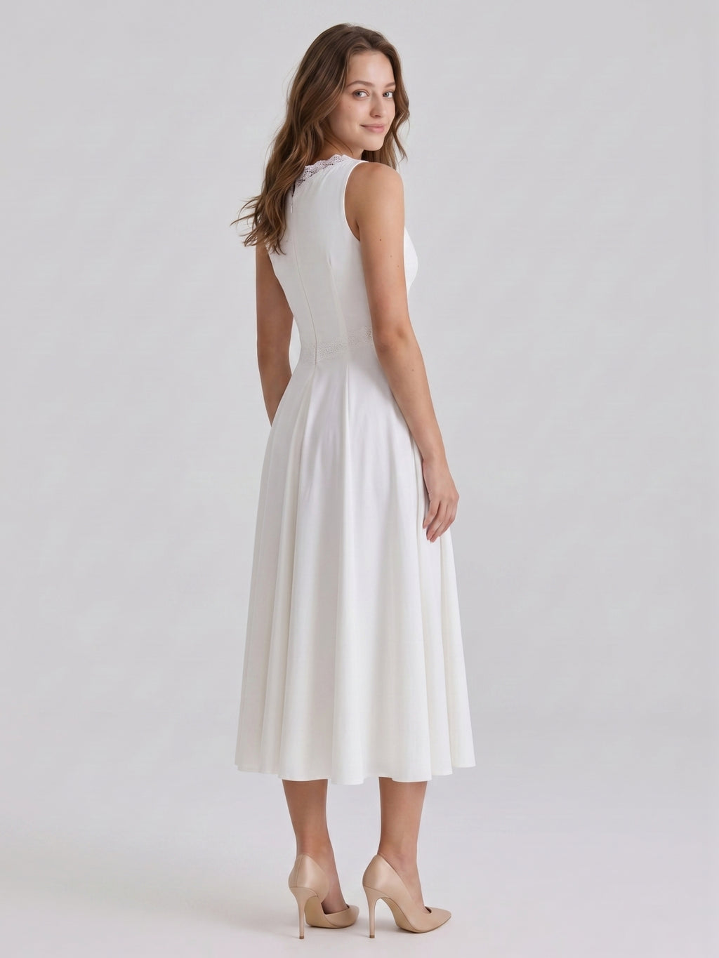 Ivory Stretch Knit A-Line V-Neck Back Zip Tea-Length Bridesmaid Dress