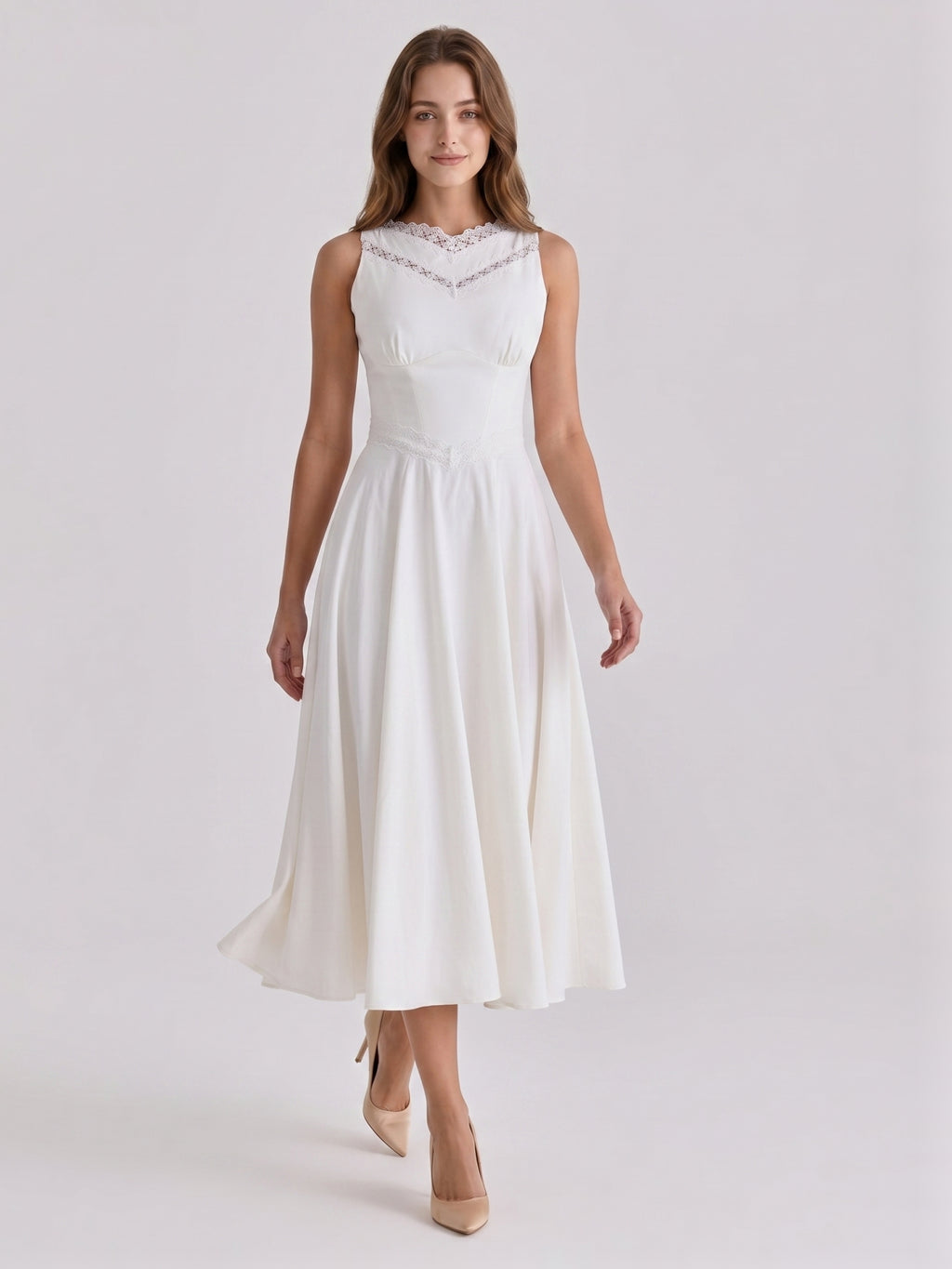 Ivory Stretch Knit A-Line V-Neck Back Zip Tea-Length Bridesmaid Dress