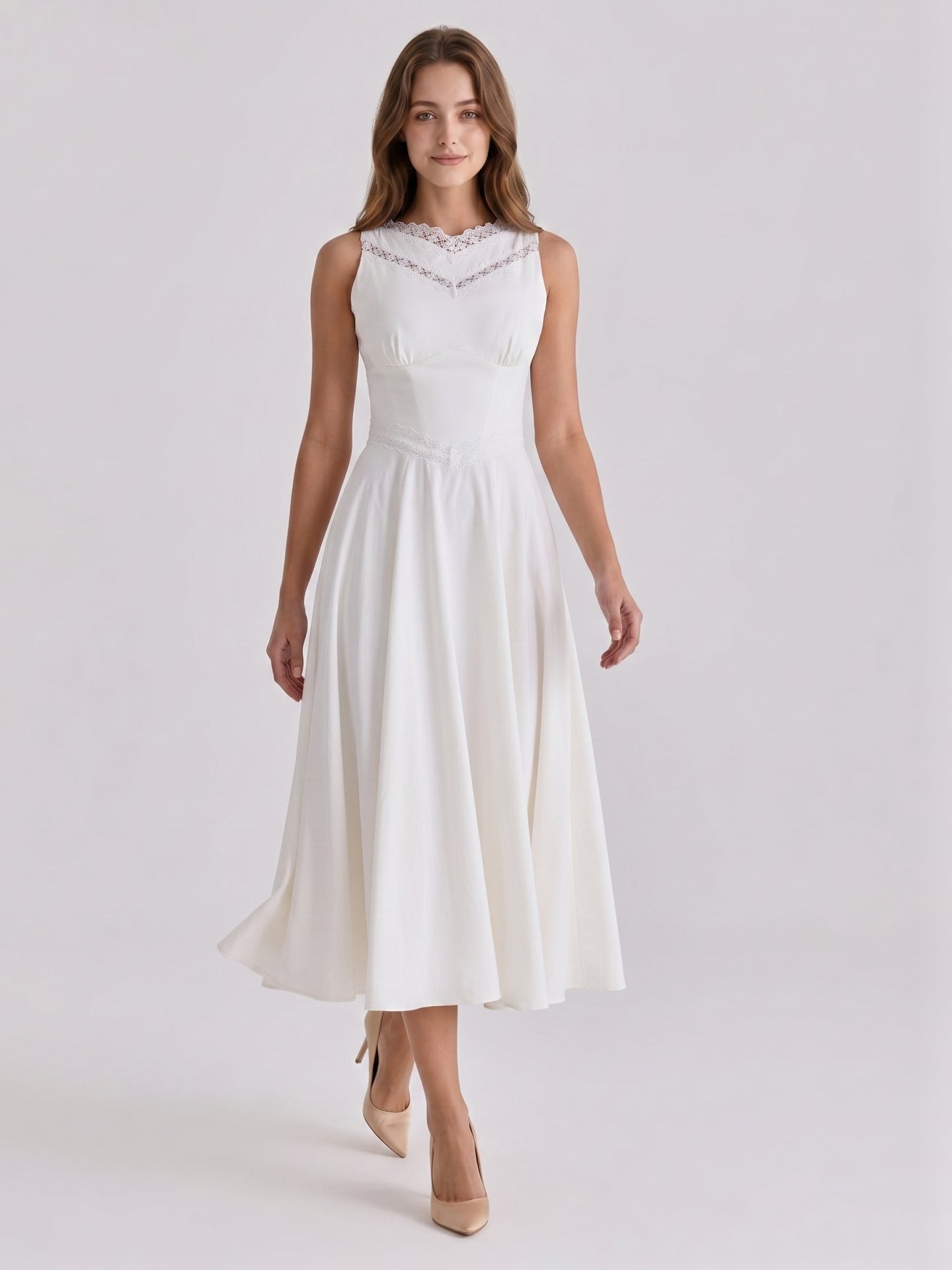 Ivory Stretch Knit A-Line V-Neck Back Zip Tea-Length Bridesmaid Dress