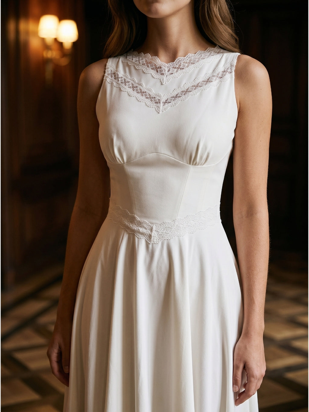 Ivory Stretch Knit A-Line V-Neck Back Zip Tea-Length Bridesmaid Dress