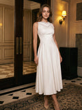 Ivory Stretch Knit A-Line V-Neck Back Zip Tea-Length Bridesmaid Dress