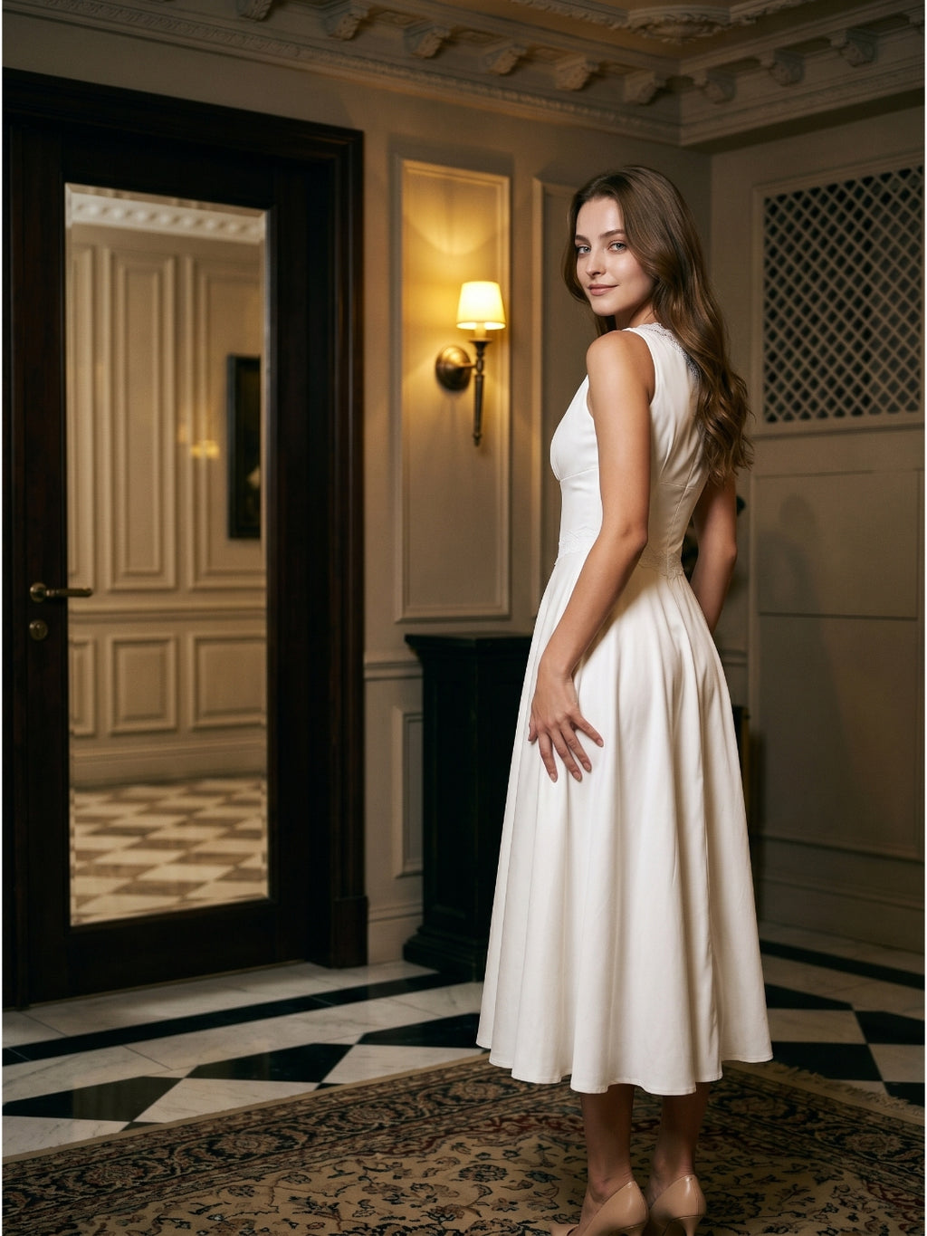 Ivory Stretch Knit A-Line V-Neck Back Zip Tea-Length Bridesmaid Dress