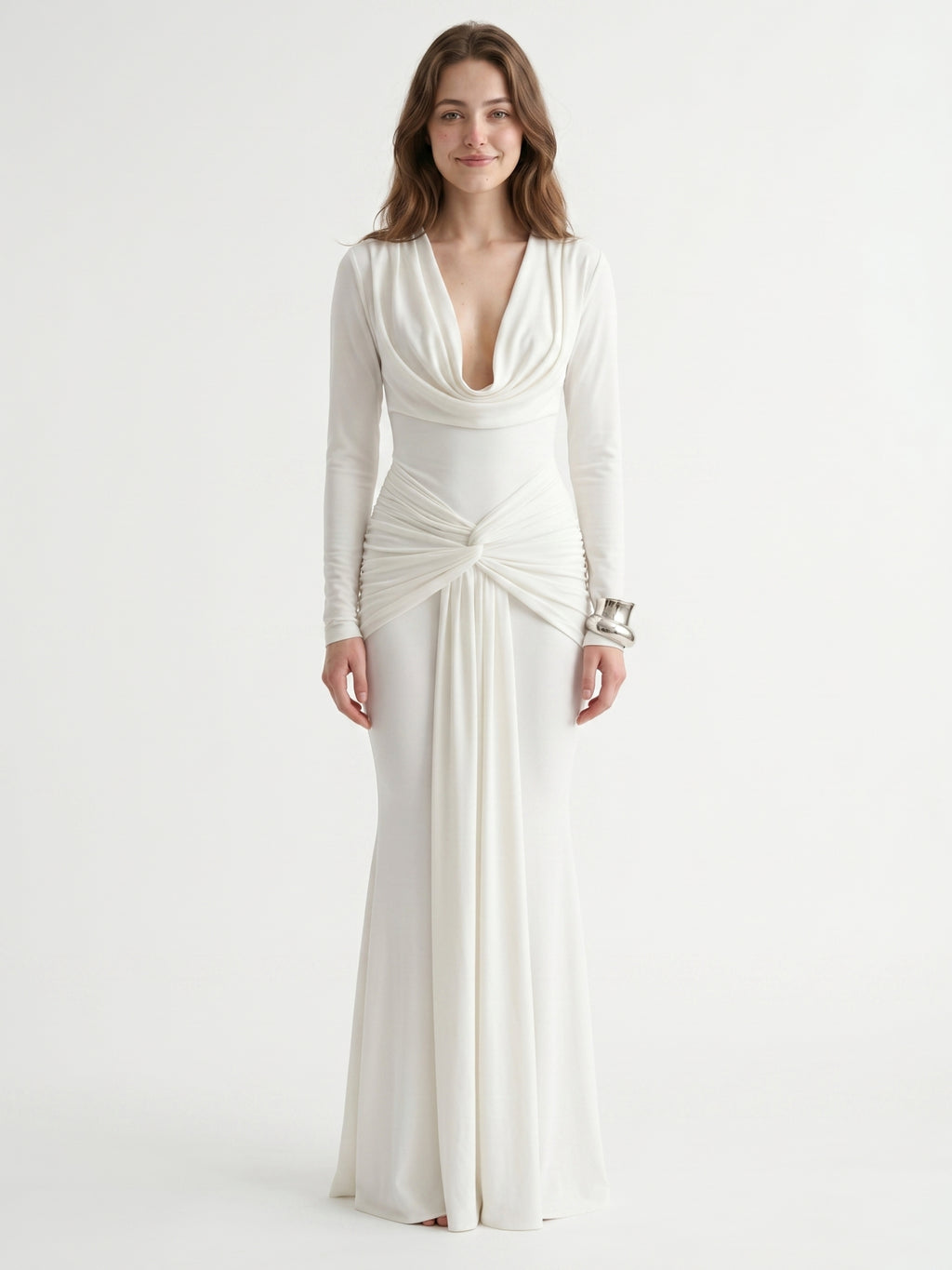 Ivory Stretch Knit Mermaid Cowl Neck Back Zip Floor-Length Pleated Bridesmaid Dress