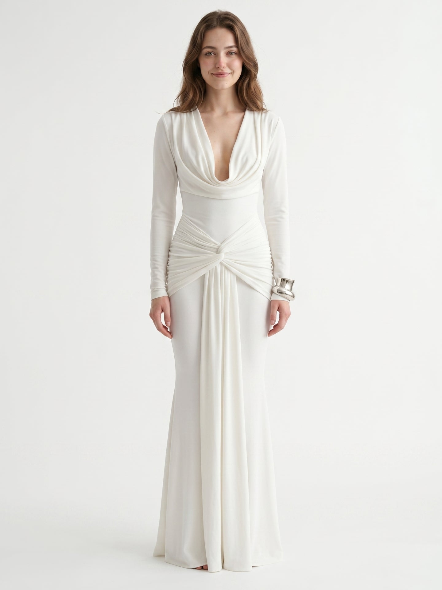 Ivory Stretch Knit Mermaid Cowl Neck Back Zip Floor-Length Pleated Bridesmaid Dress
