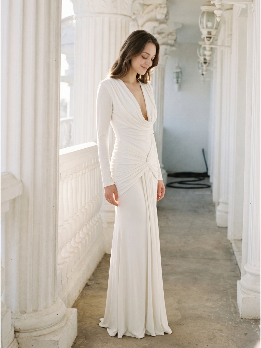Ivory Stretch Knit Mermaid Cowl Neck Back Zip Floor-Length Pleated Bridesmaid Dress
