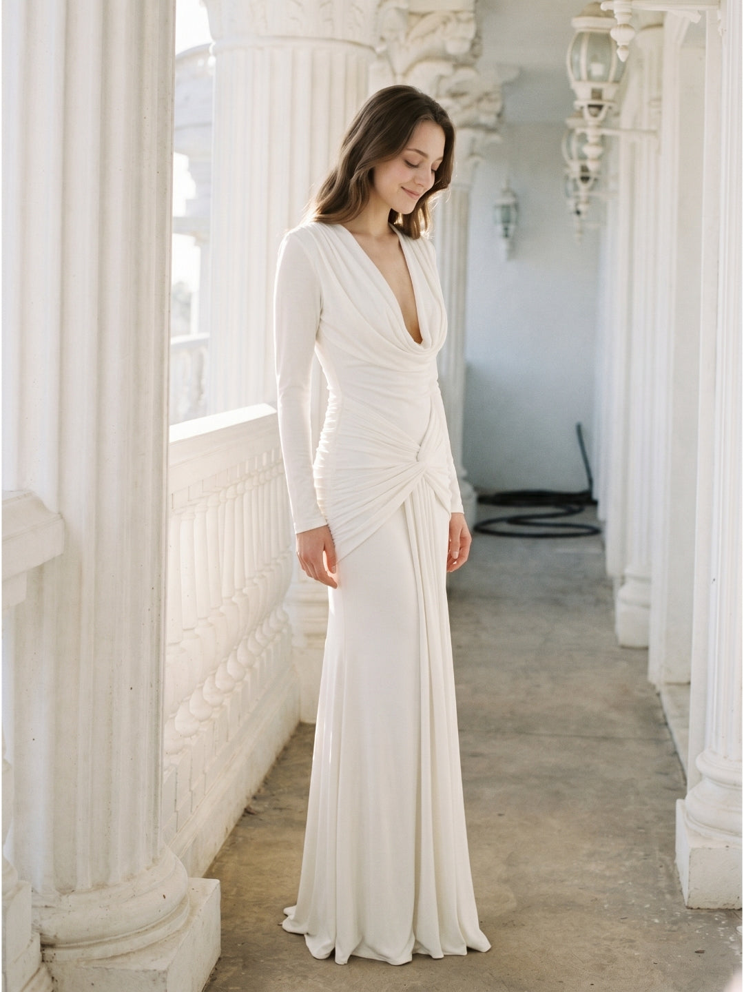 Ivory Stretch Knit Mermaid Cowl Neck Back Zip Floor-Length Pleated Bridesmaid Dress