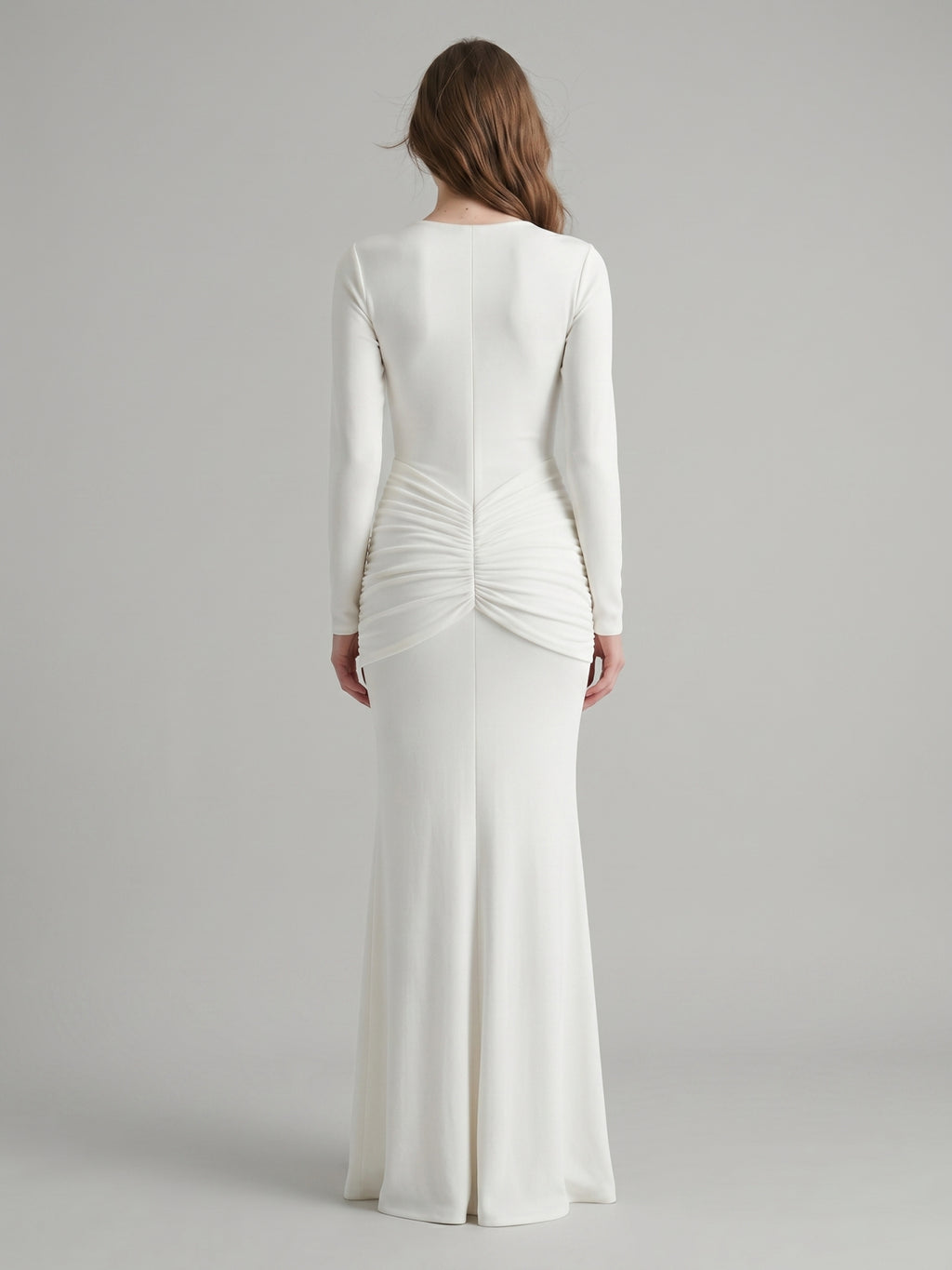 Ivory Stretch Knit Mermaid Cowl Neck Back Zip Floor-Length Pleated Bridesmaid Dress