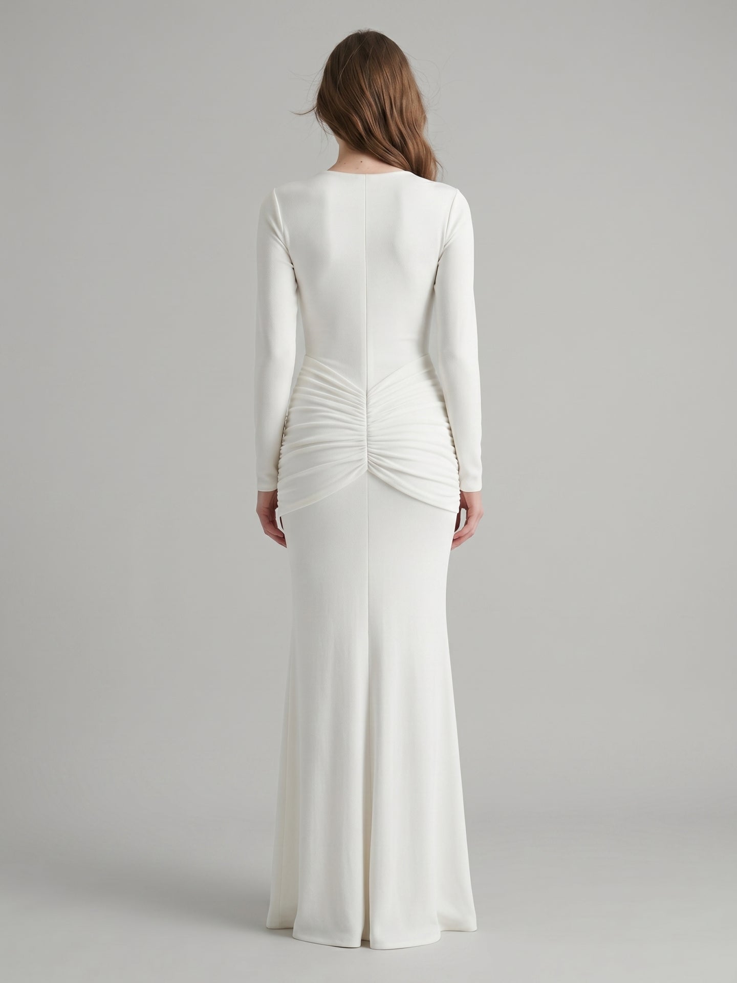 Ivory Stretch Knit Mermaid Cowl Neck Back Zip Floor-Length Pleated Bridesmaid Dress