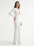 Ivory Stretch Knit Mermaid Cowl Neck Back Zip Floor-Length Pleated Bridesmaid Dress