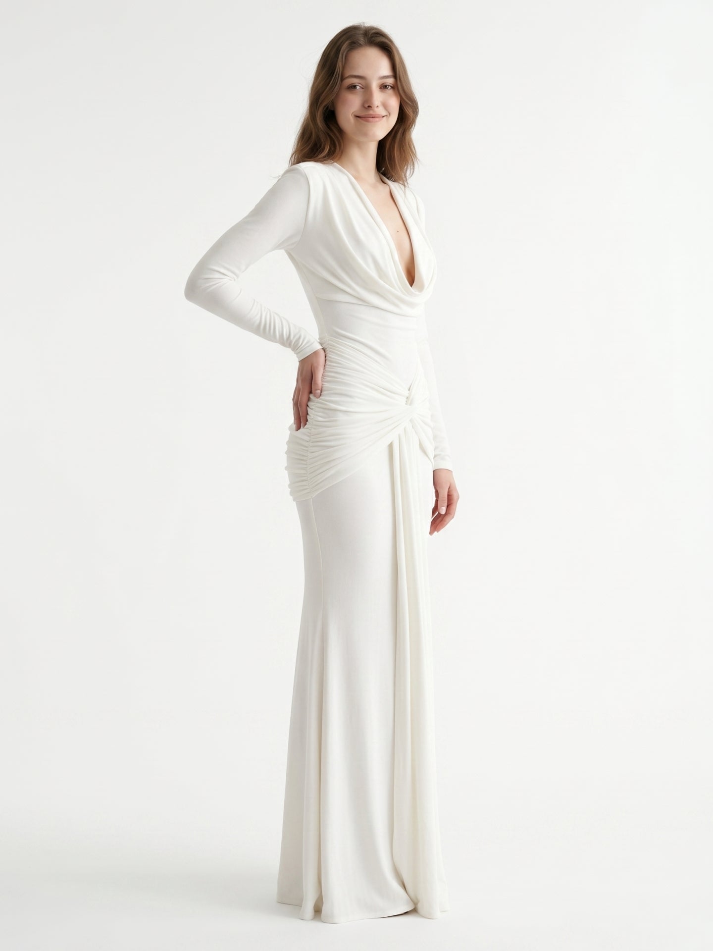 Ivory Stretch Knit Mermaid Cowl Neck Back Zip Floor-Length Pleated Bridesmaid Dress