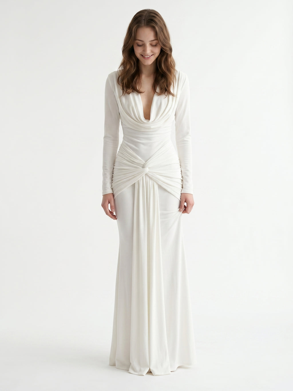 Ivory Stretch Knit Mermaid Cowl Neck Back Zip Floor-Length Pleated Bridesmaid Dress