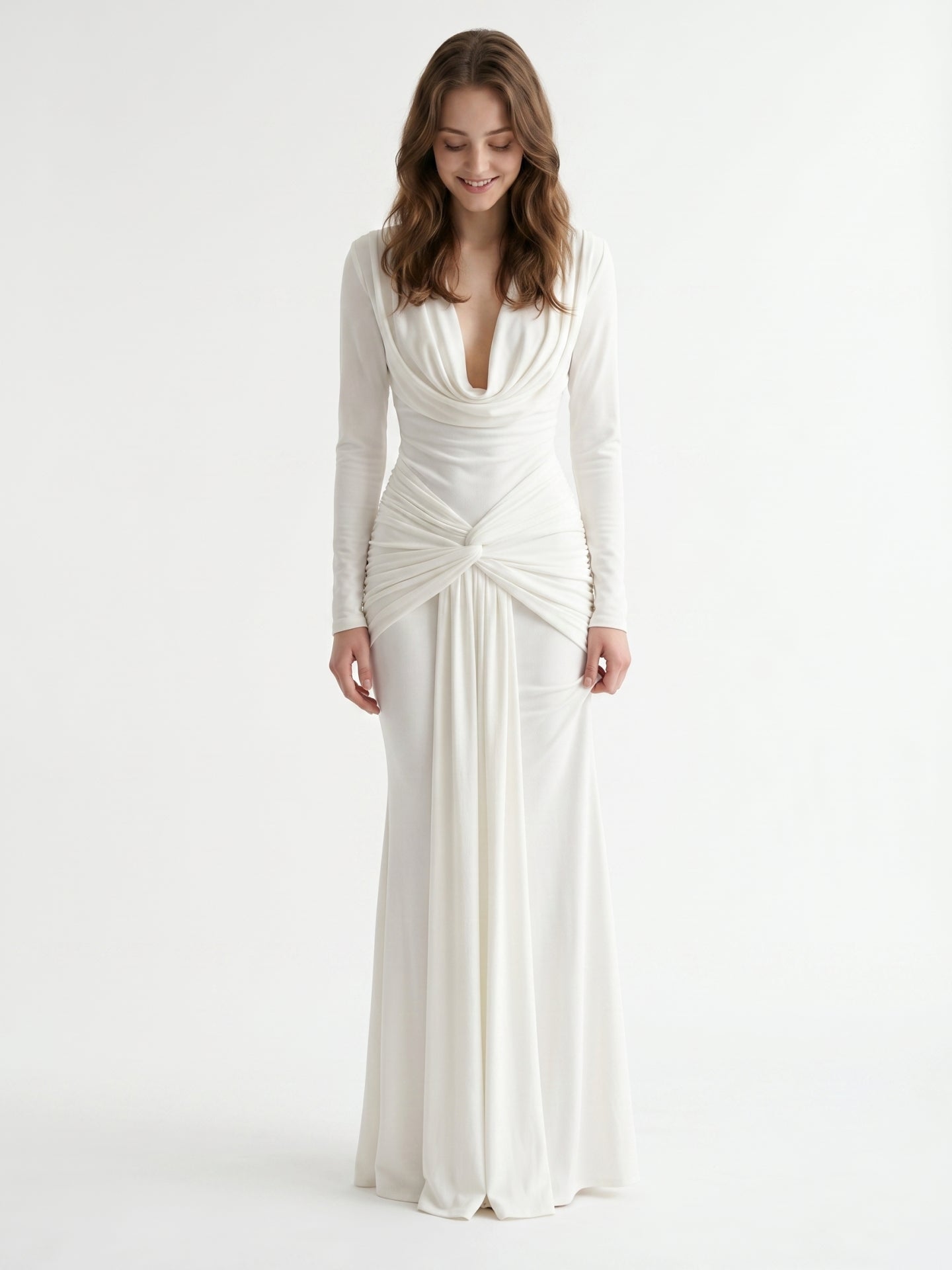 Ivory Stretch Knit Mermaid Cowl Neck Back Zip Floor-Length Pleated Bridesmaid Dress
